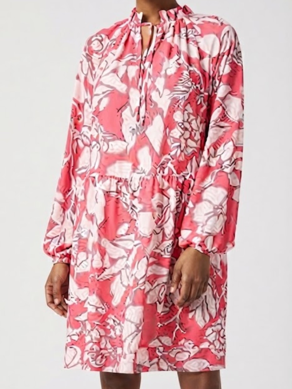 Marc Cain Collar Pink Floral Tiered Long Balloon Sleeve Shift Dress SZ N6/US XL